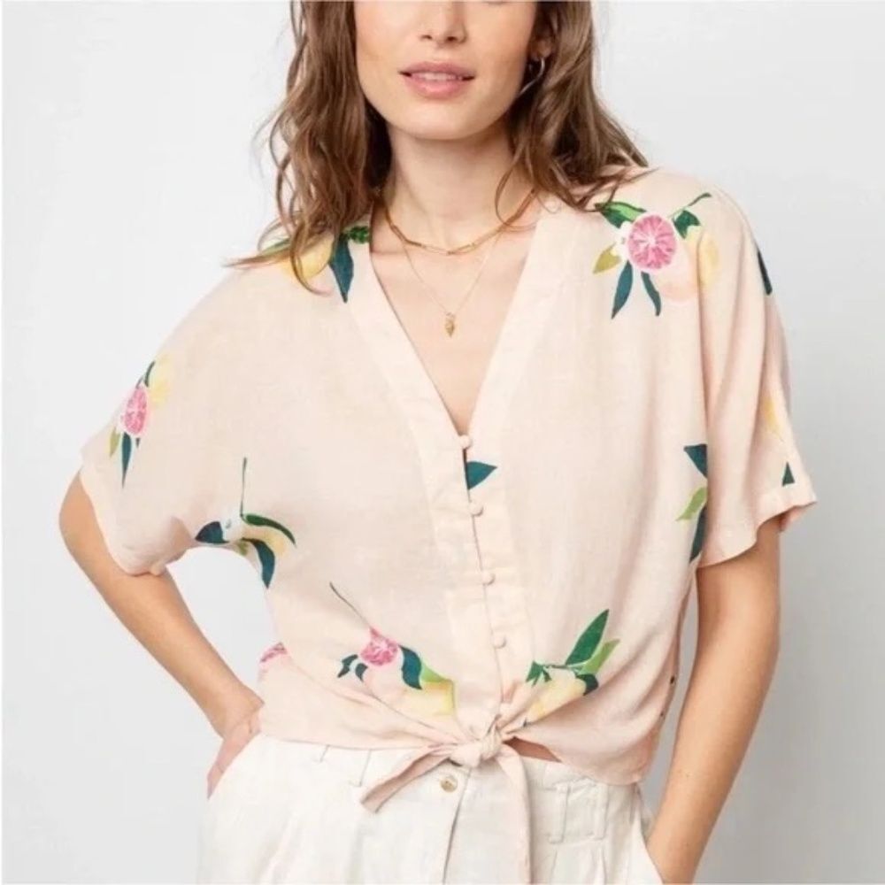 RAILS Thea Pink Grapefruit Citrus Button Tie Front Cropped Linen V-Neck Top XS